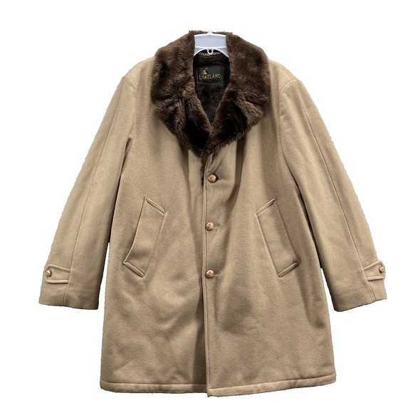 VTG Lakeland Swing Coat Men XL 100% Wool Faux Fur Collar Y2K 70s Corpcore Winter